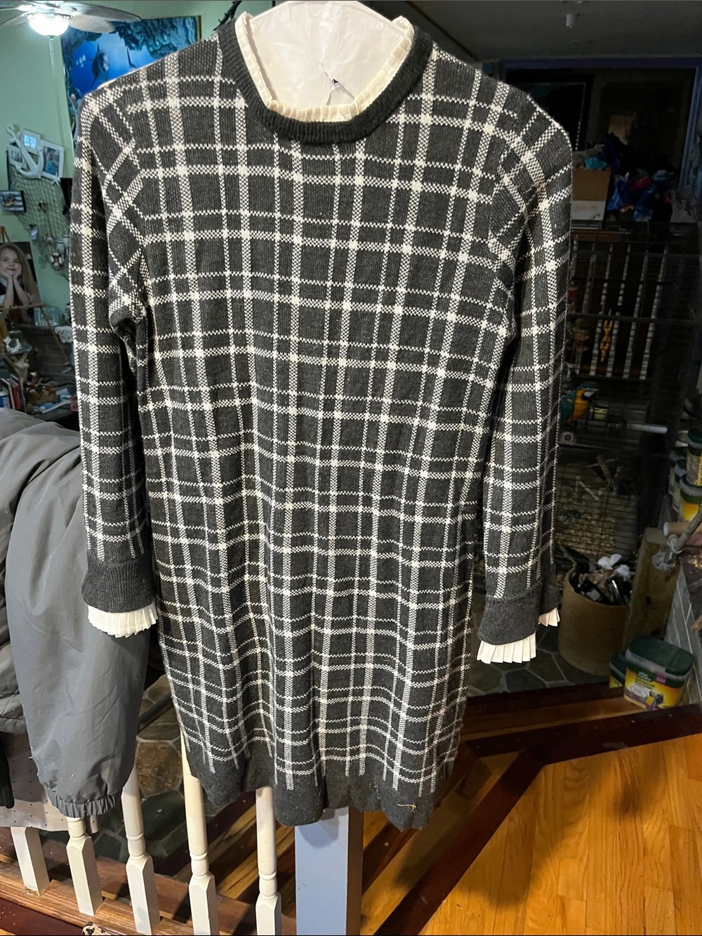 Vince Camuto Gray and White Asymmetrical Plaid Dress
